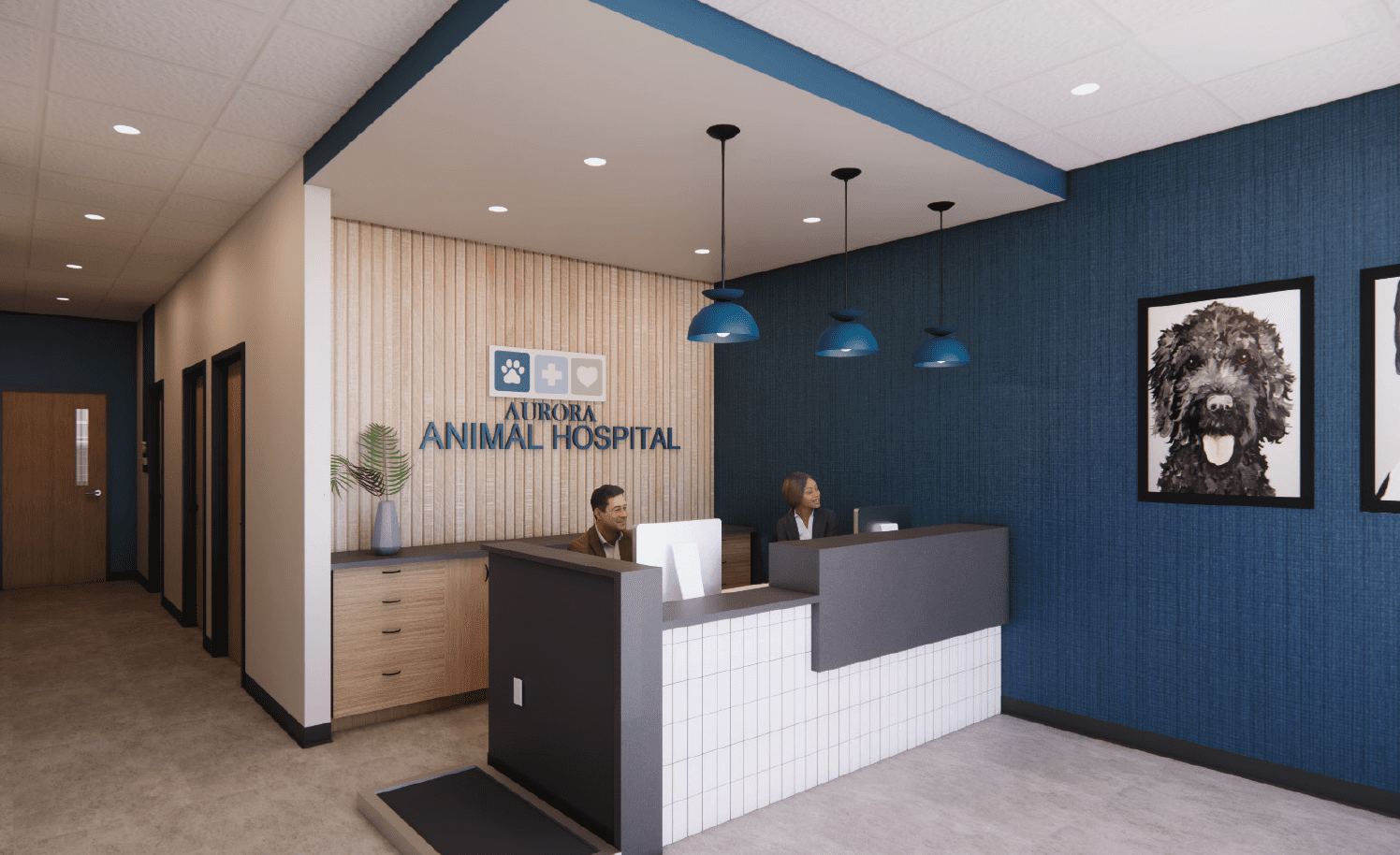 front desk and lobby at aurora animal hospital