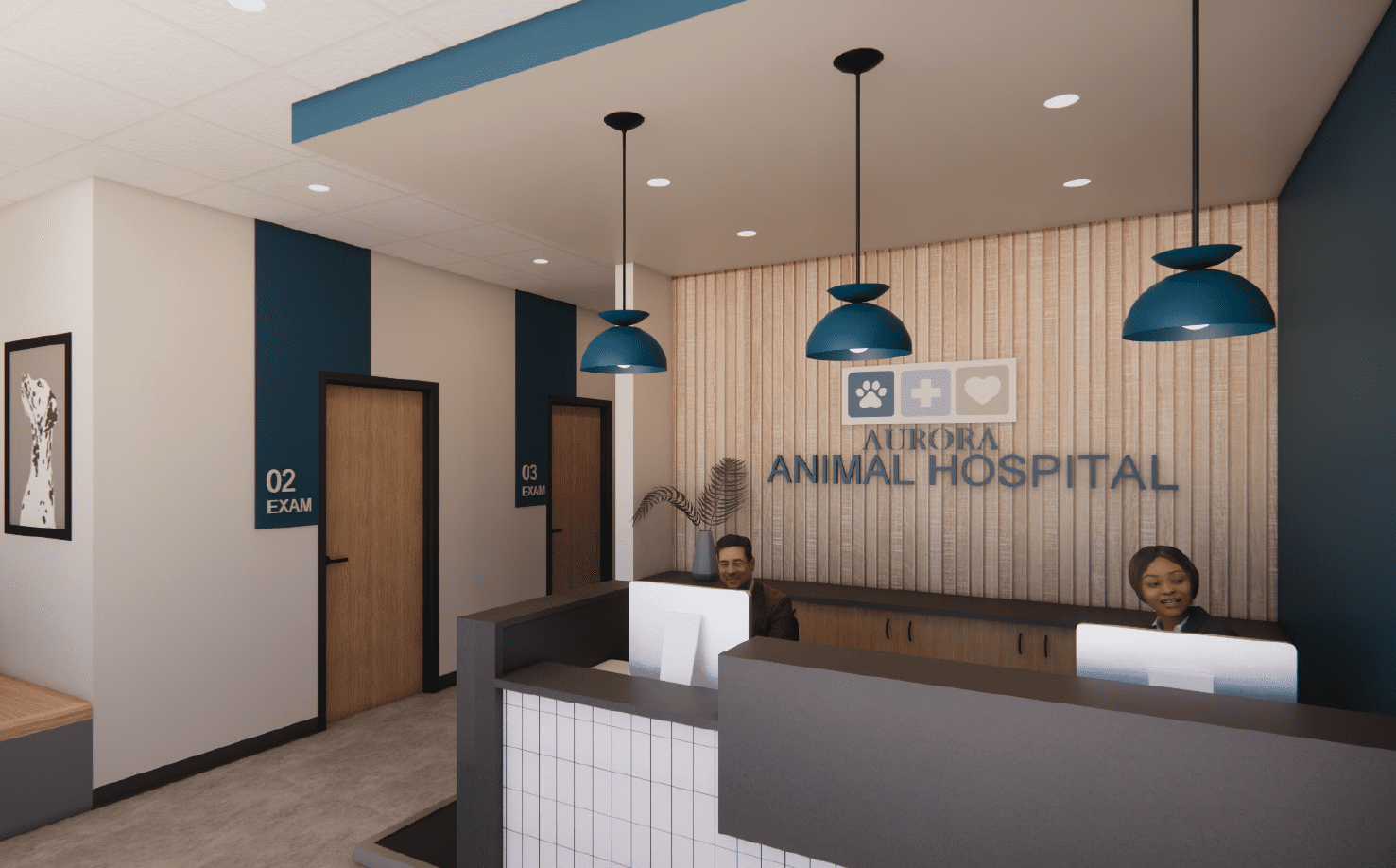 front desk and lobby at aurora animal hospital