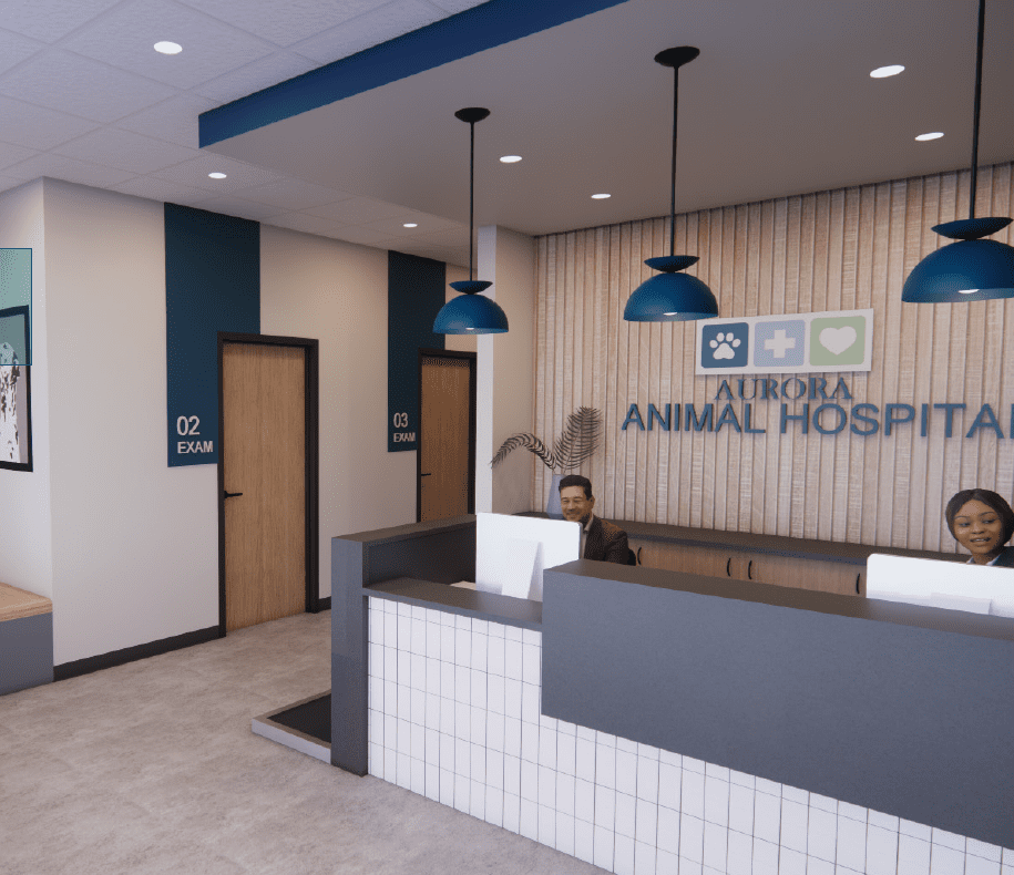 front desk and lobby at aurora animal hospital