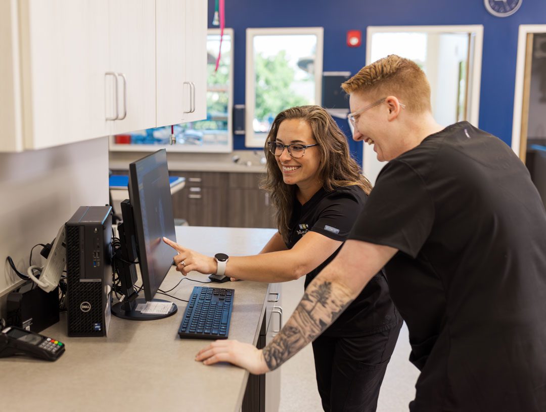Veterinarians Looking At Computer Veterinarians Looking At Computer