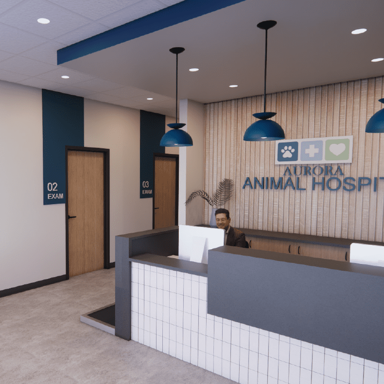 front desk and lobby at aurora animal hospital