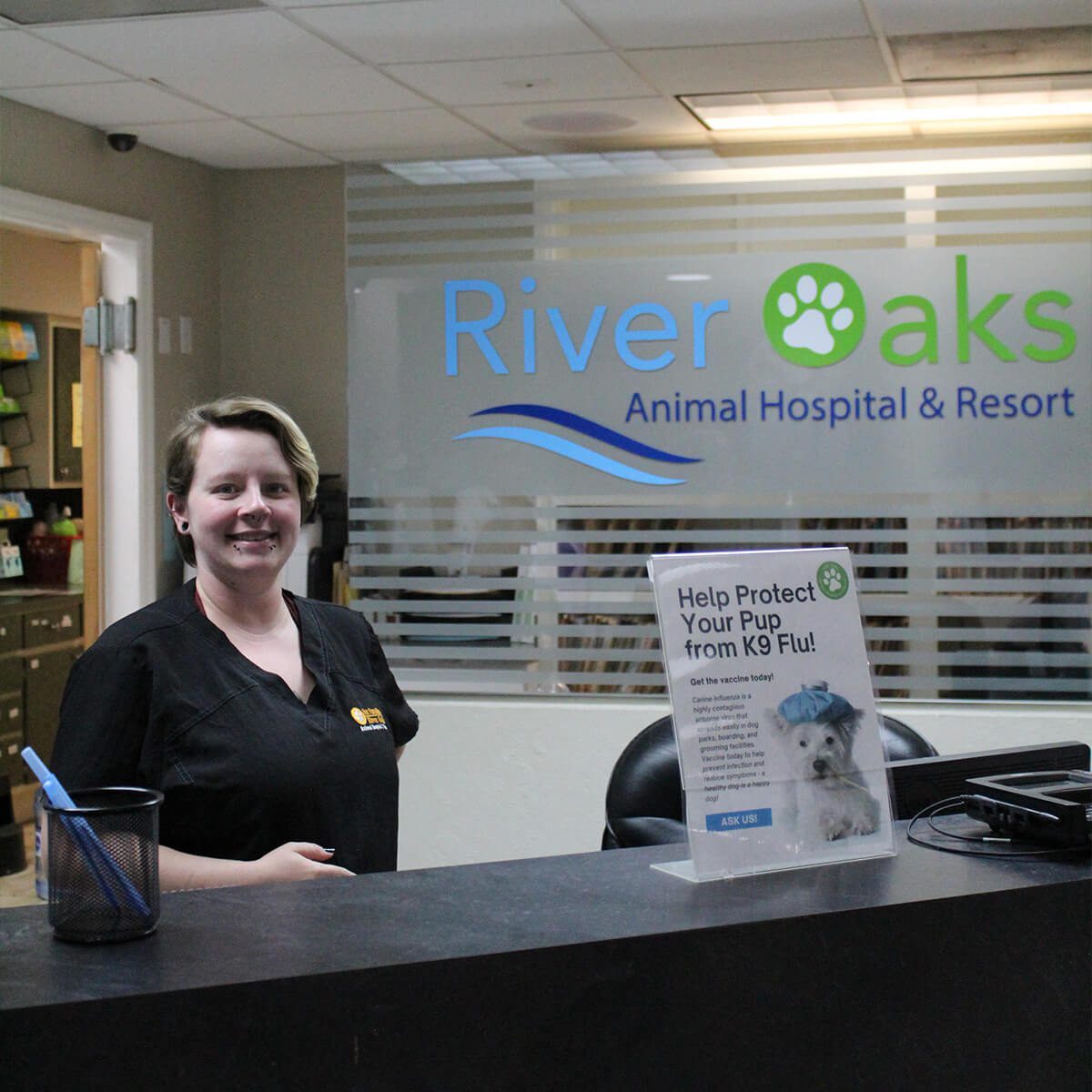 Female Staff Member At Reception Desk Female Staff Member At Reception Desk