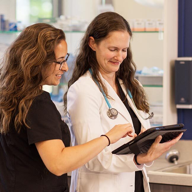 Tablet veterinarian and vet tech looking at a tablet